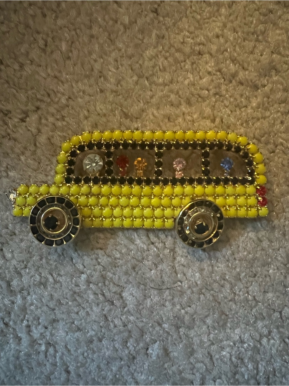 Bauer Yellow Rhinestone Bus Brooch with Multicolor Window Gems
